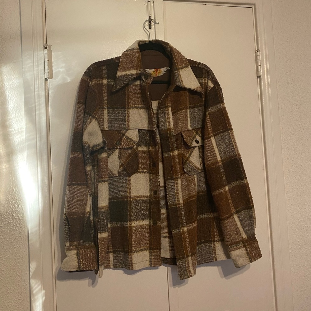 Women's Vintage Brown Plaid Utility Shacket Jacket - Cozy Layering Coat